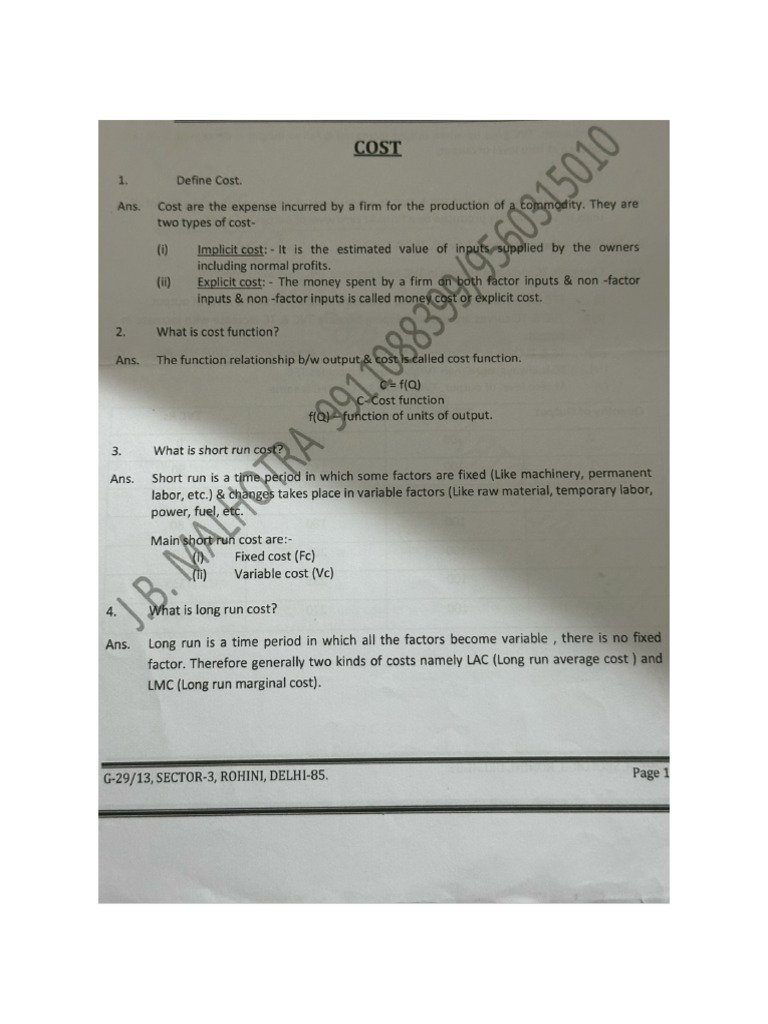 Cost Economics Class 11th | PDF