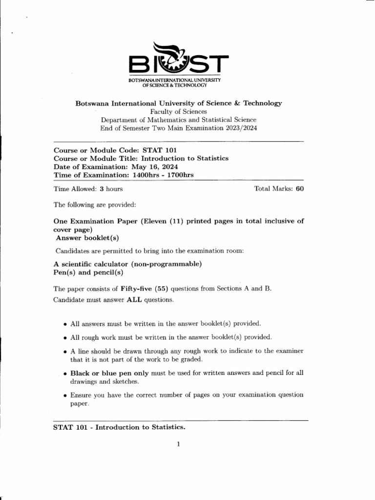 Stat101 Main Exam 2024 | PDF