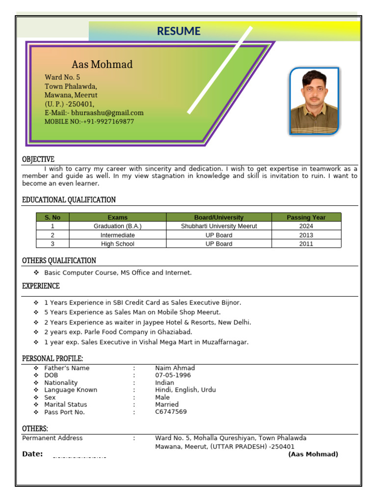Sales Executive Resume for Aas Mohmad | PDF
