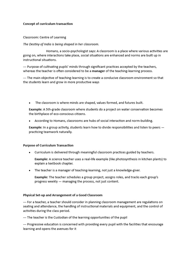 Classroom Curriculum Transaction Examples | PDF | Teachers | Learning