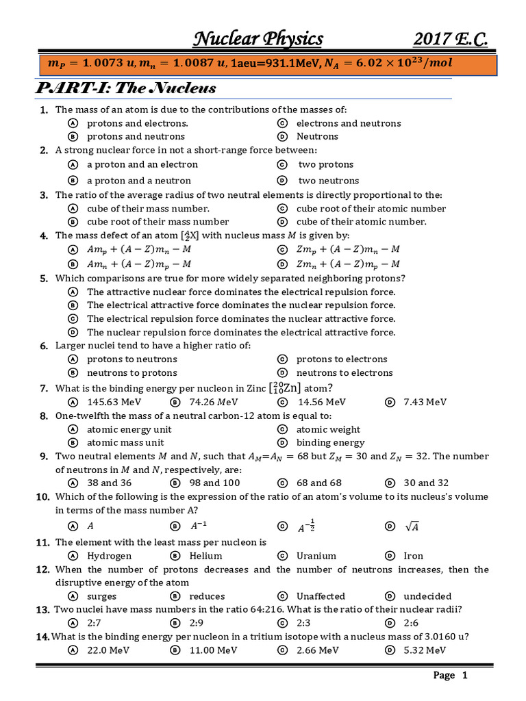 Nuclear Physics Exam Questions 2017 E.C. | PDF | Radioactive Decay ...
