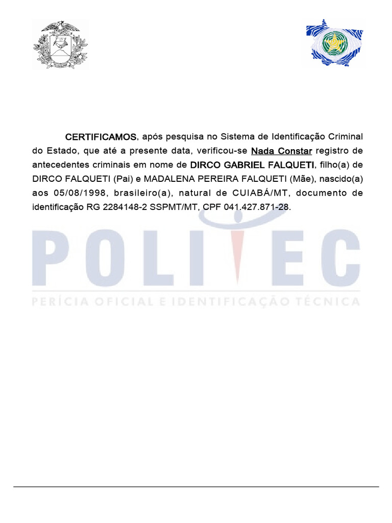 Certidão de Antecedentes Criminais MT | PDF