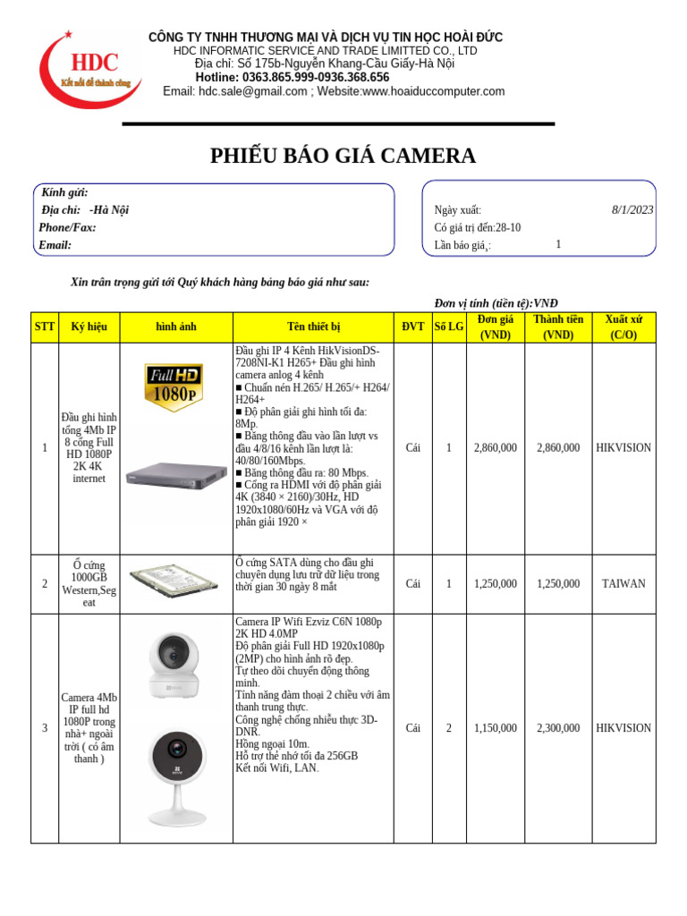 Báo Giá Camera IP 4Mb Xoay 360 Bao Đ NG Dam Thoai | PDF