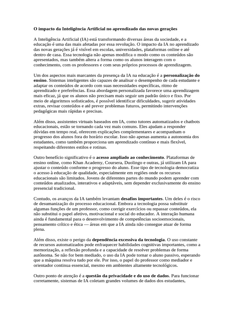 Impacto da IA na Educação das Novas Gerações | PDF | Inteligência ...