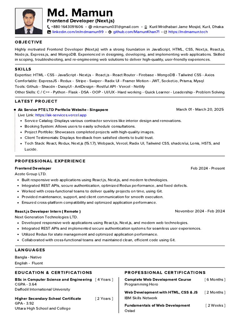 Frontend Developer Resume of MD Mamun | PDF | Web Development | Computing