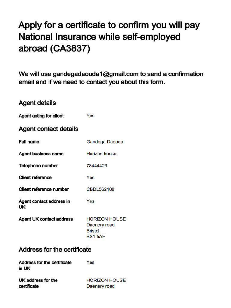 Apply Certificate National Insurance Self Employed Abroad | PDF