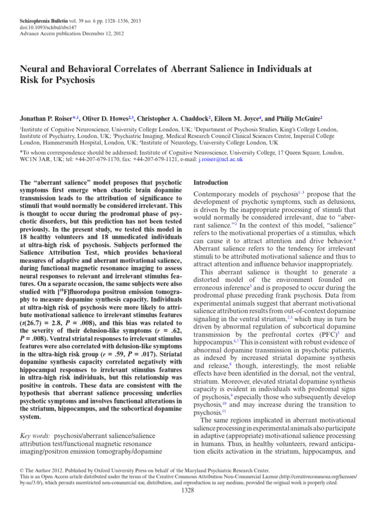 Paper Definición Saliencia Aberrante | PDF | Psychosis | Dopamine