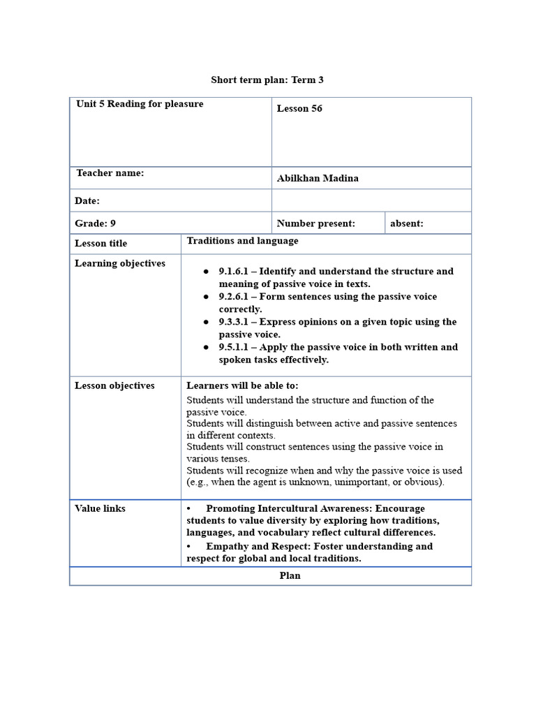Passive Voice Lesson Plan for Grade 9 | PDF | Subject (Grammar ...