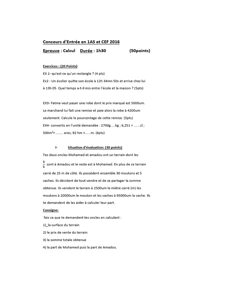 Concours Calcul 1AS et CEF 2016 | PDF