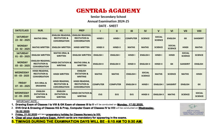 Annual Exam Date Sheet 2025 | PDF