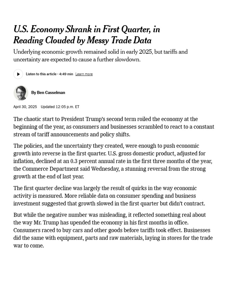 Trump Blames Biden After U.S. Economy Shrinks Amid Tariff War - The New ...