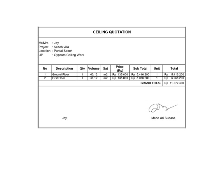 Ceiling Work Quotation for Seseh Villa | PDF