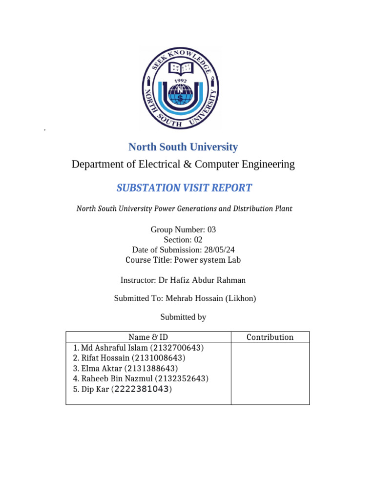 NSU Substation Visit Report | PDF | Electrical Grid | Electric Power ...