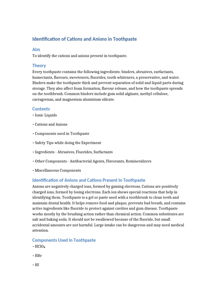 Toothpaste Anion Cation Analysis UPDATED | PDF | Chemical Substances