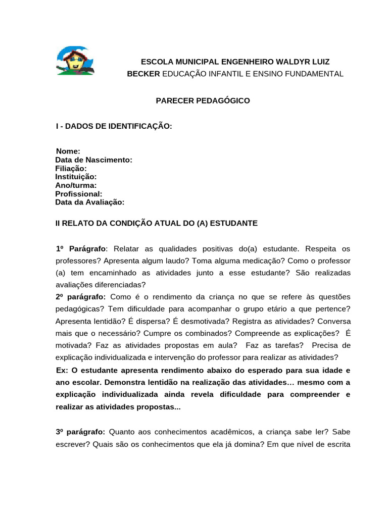 Modelo Parecer para Professores | PDF | Pedagogia | Família