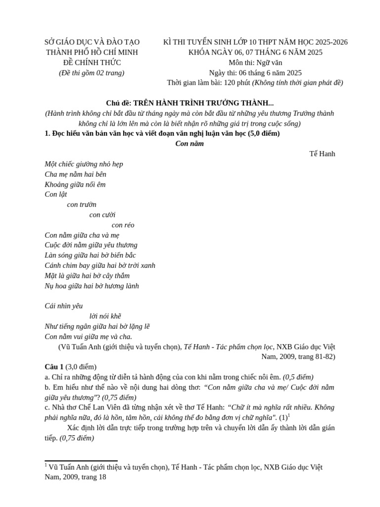 Đề TS10 25-26 TP - HCM | PDF