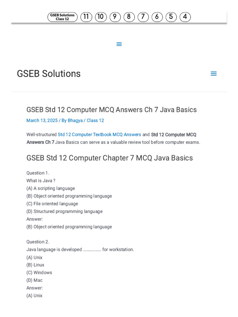 GSEB STD 12 Computer MCQ Answers CH 7 Java Basics - GSEB Solutions ...