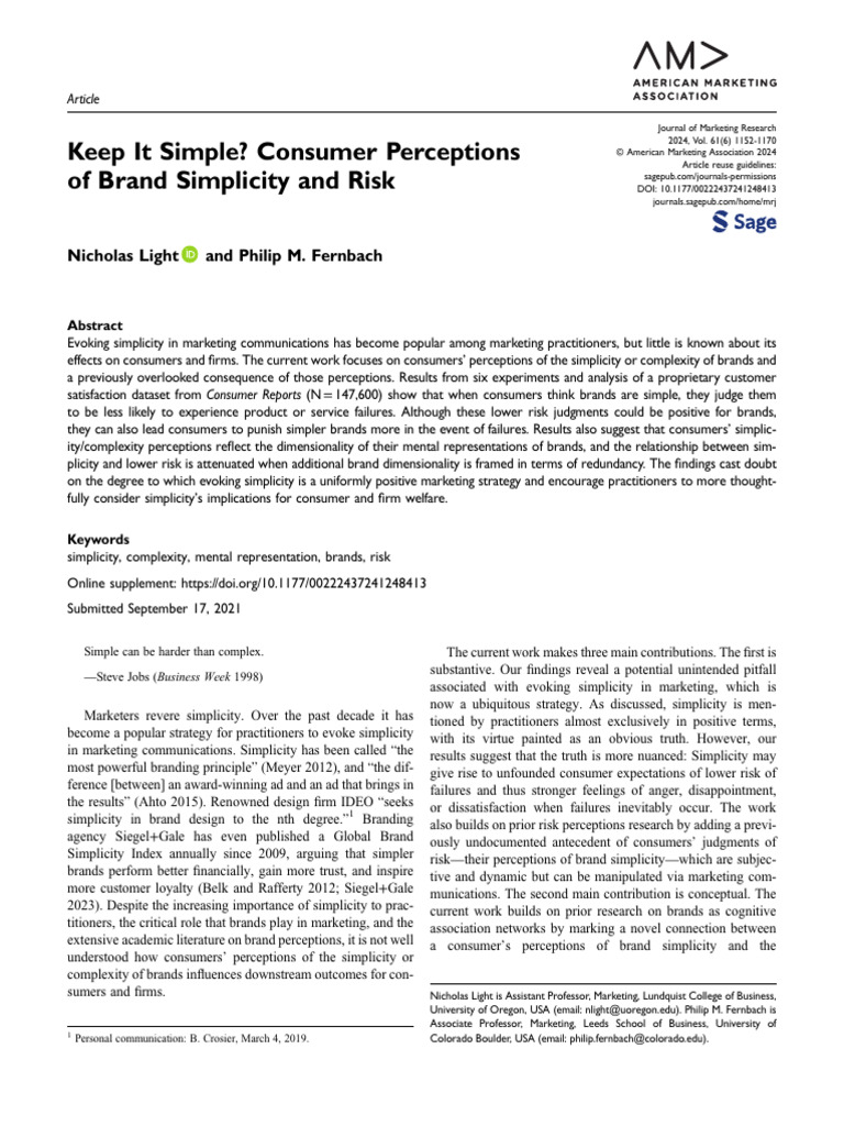 Keep It Simple? Consumer Perceptions of Brand Simplicity and Risk | PDF ...