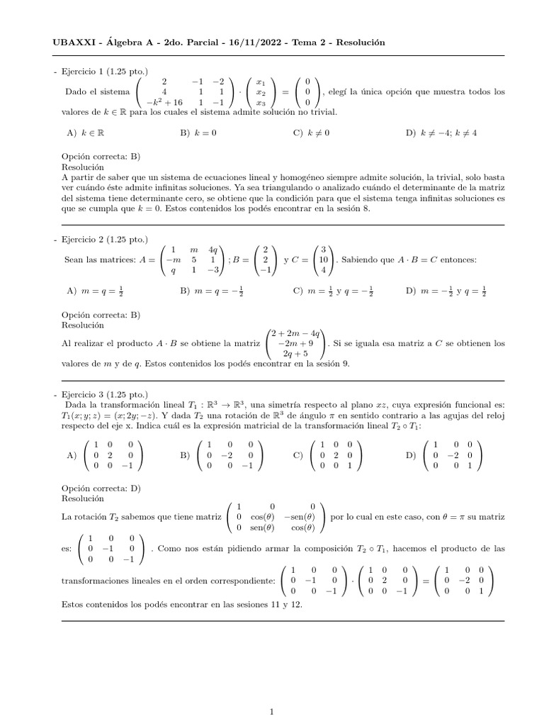 2022 2C 2P AlgebraA Tema2 Resolucion | PDF | Matriz (Matemáticas ...