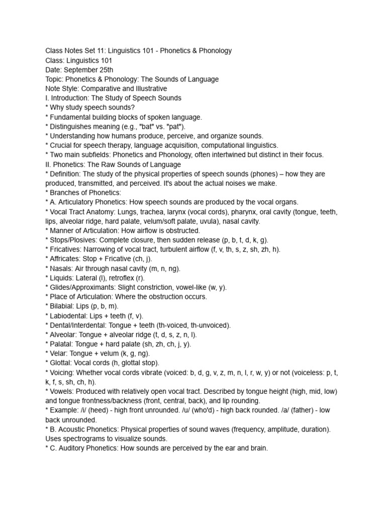 Class Notes Set 11 - Linguistics 101 - Phonetics & Phonology | PDF ...