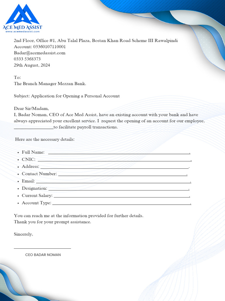 Personal Account Opening Request Letter | PDF