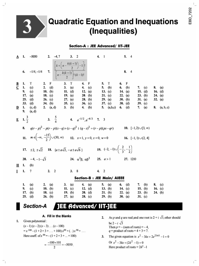 Quadratic Equations & Inequations - Solutions | PDF