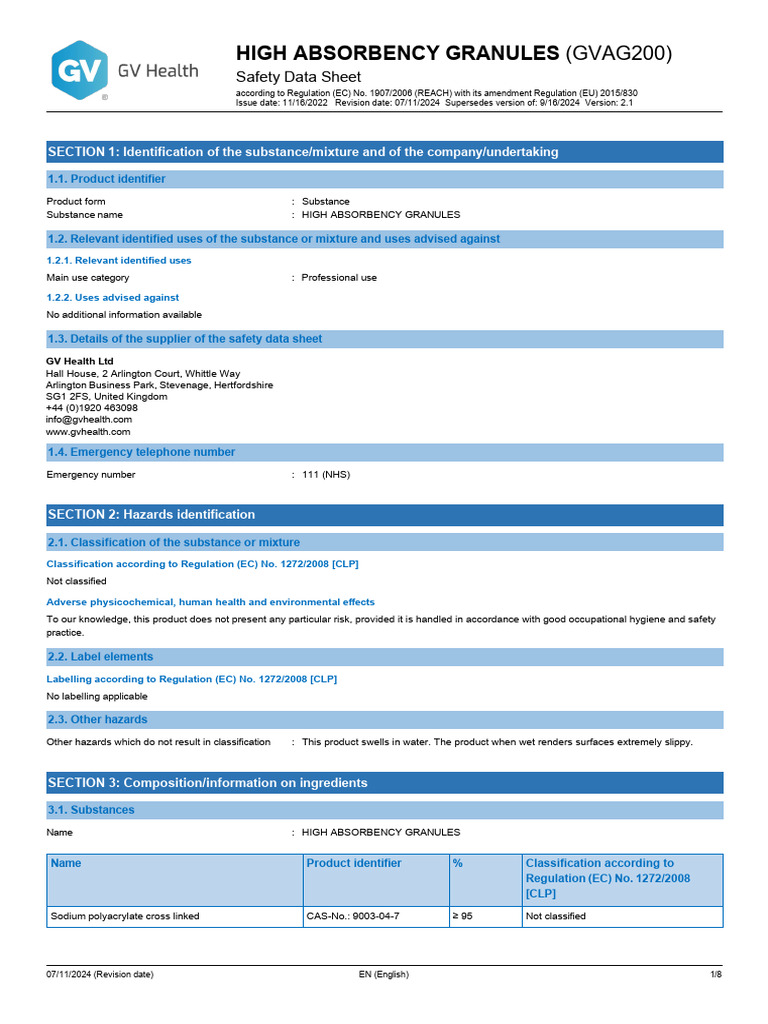 Safety Data Sheet for High Absorbency Granules | PDF | Toxicity ...
