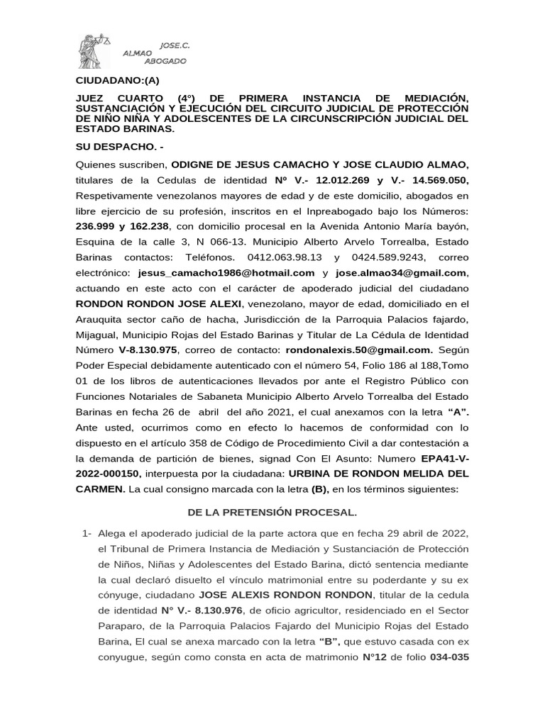 Contestación a Demanda de Partición de Bienes | PDF | Propiedad | Justicia