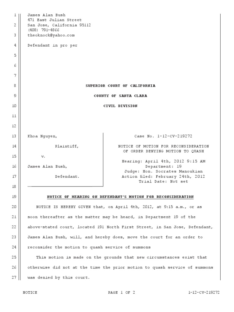 Motion for Reconsideration of Order Denying Defendant's Motion to Quash