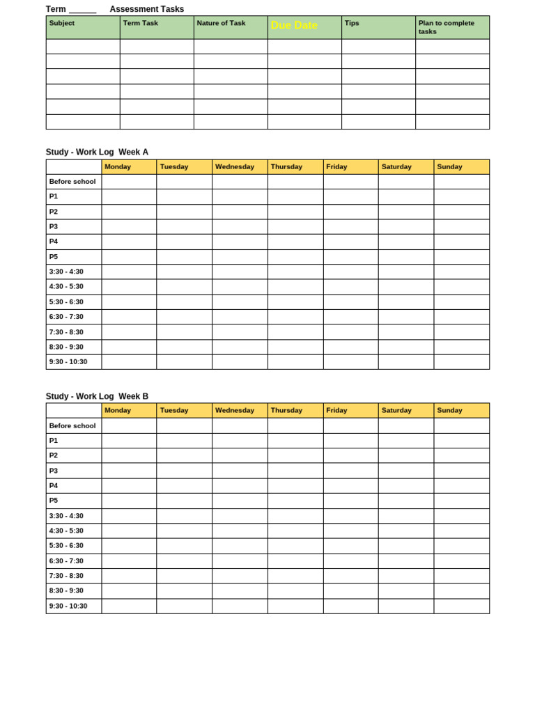 Weekly Study Work Log Template | PDF