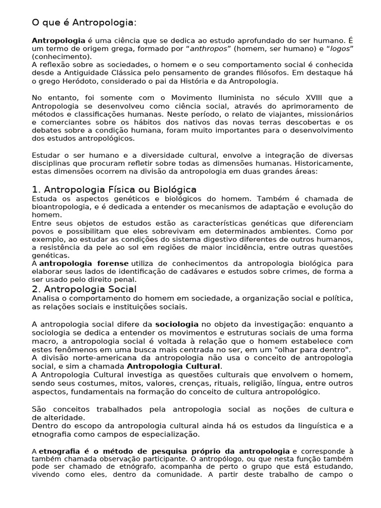 O que é Antropologia: Definição e Áreas | PDF | Antropologia | Etnografia