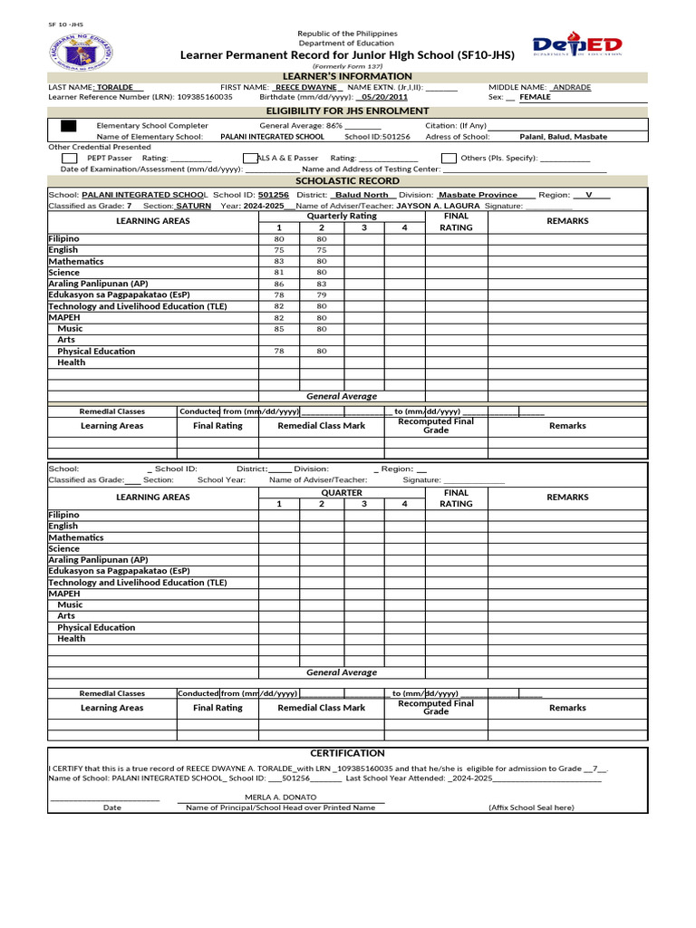SF10-JHS Learner Record for Toralde | PDF | Educational Stages