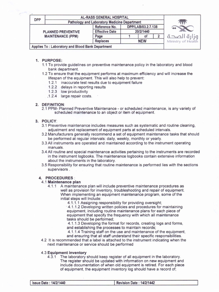 PPM Guidelines for Laboratory Maintenance | PDF