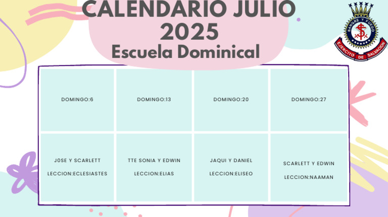 Calendario Escuela Dominical Julio 2025 | PDF