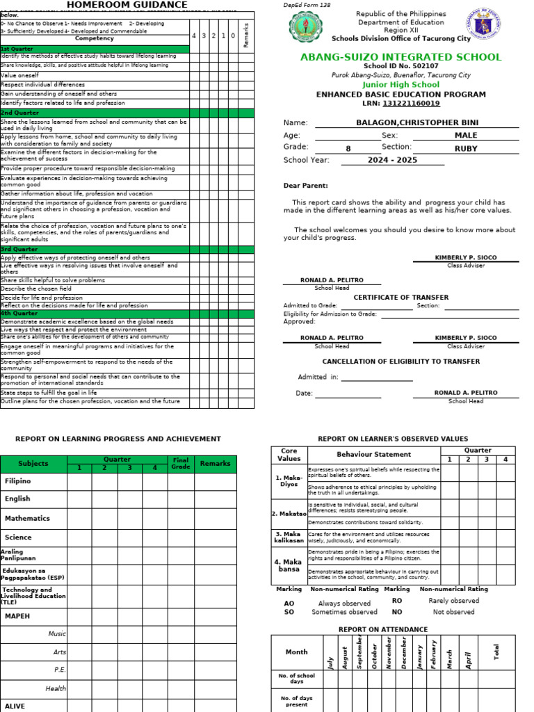 Homeroom Guidance Report Card 2024 | PDF | Learning | Decision Making