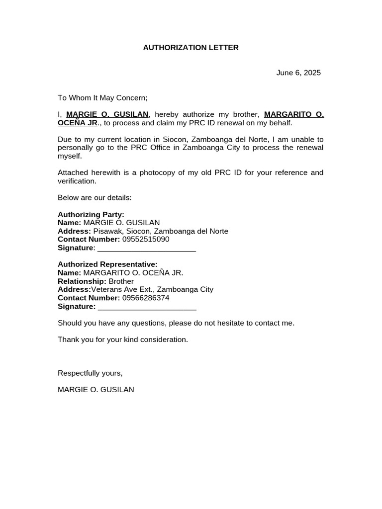 PRC Renewal Authorization Letter | PDF