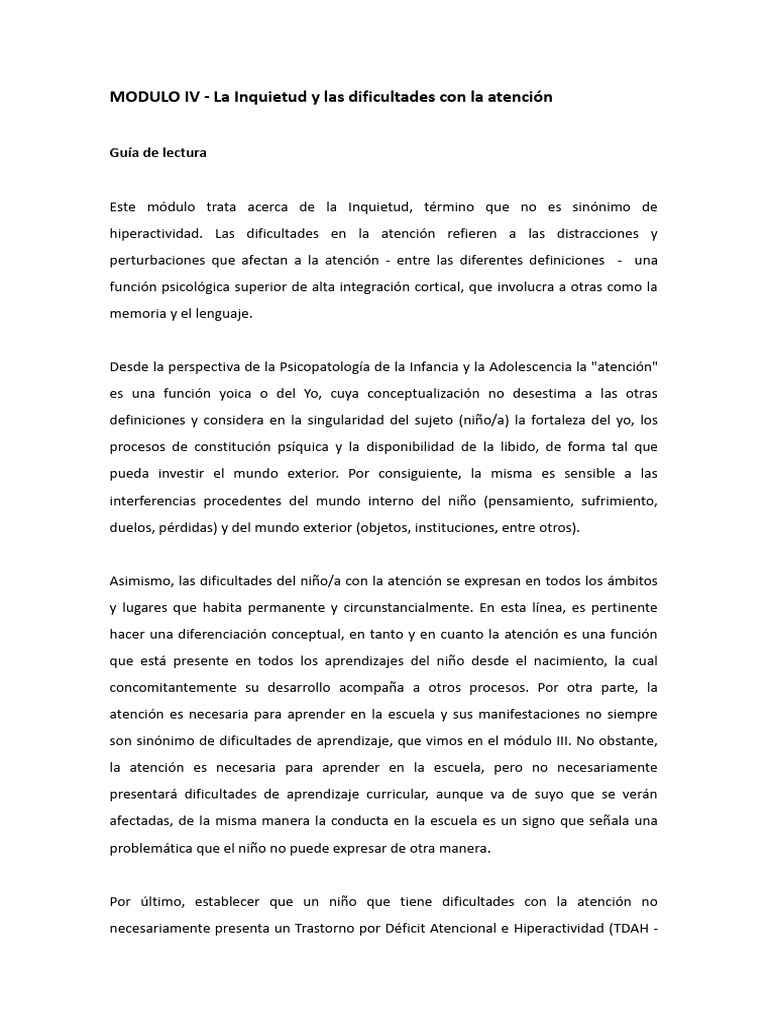 Módulo 4 - Guia de Lectura - Inquitud y Dificultades Con La Atencion ...
