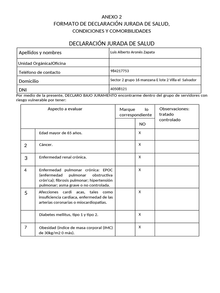 Declaración Jurada de Salud y Comorbilidades | PDF | Hipertensión ...