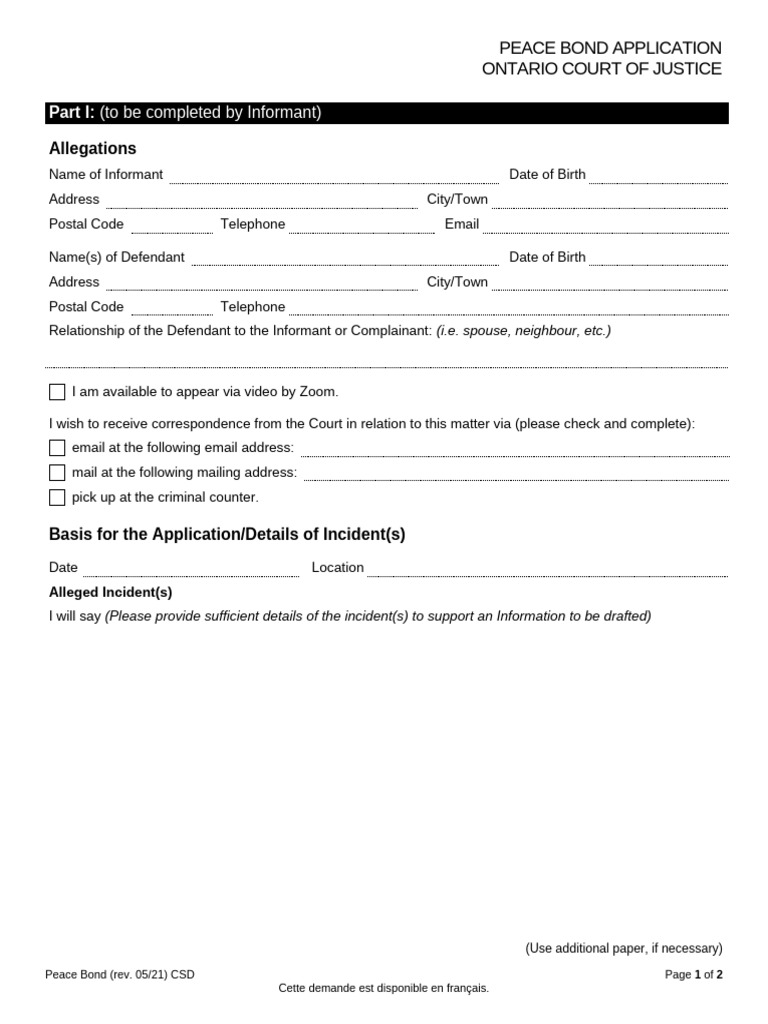 Ontario Peace Bond Application Form | PDF | Justice Of The Peace ...