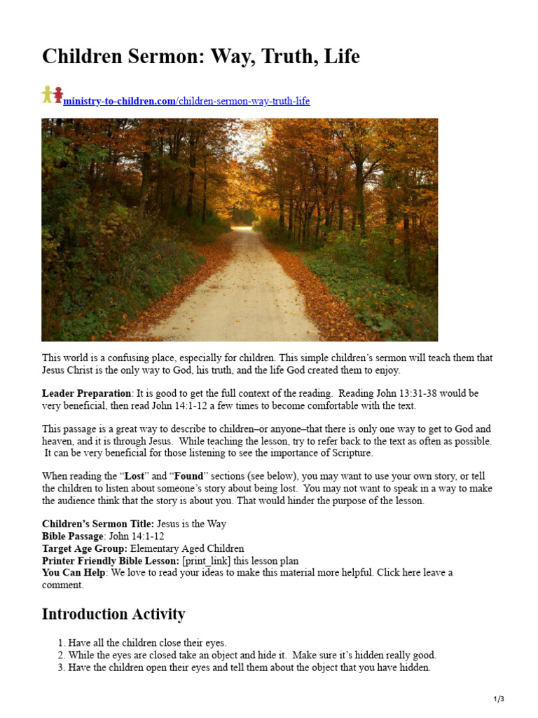 Children Sermon Way Truth Life PDF Jesus Sermon