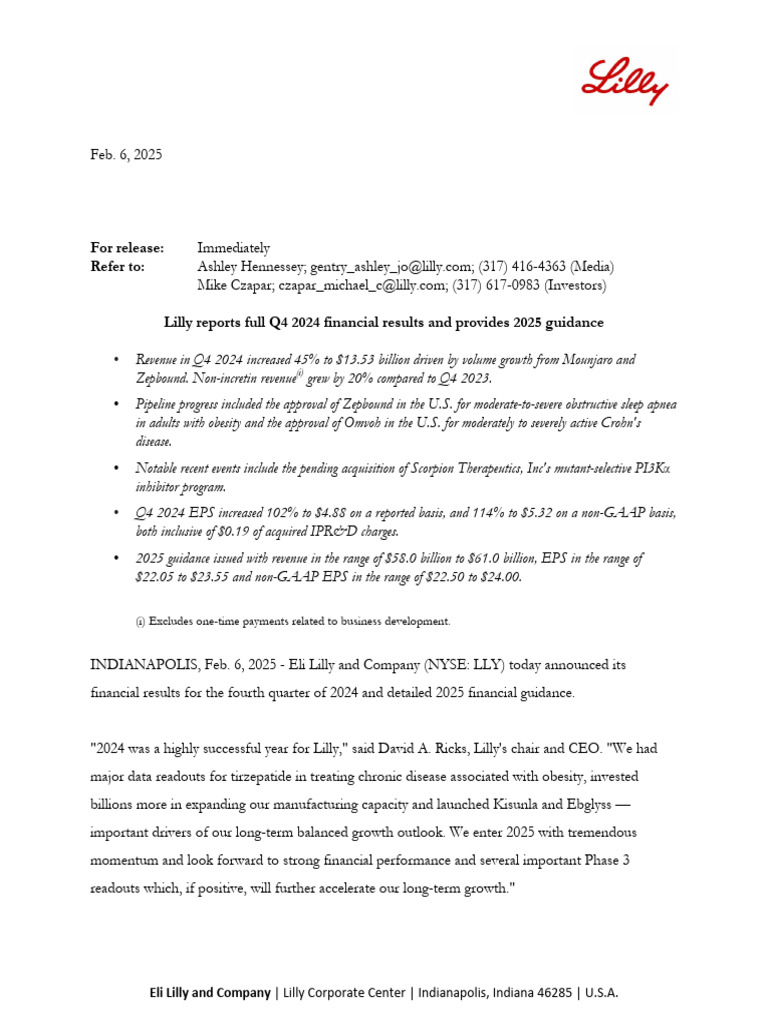 Eli Lilly Q4 2024 Revenue Results | PDF
