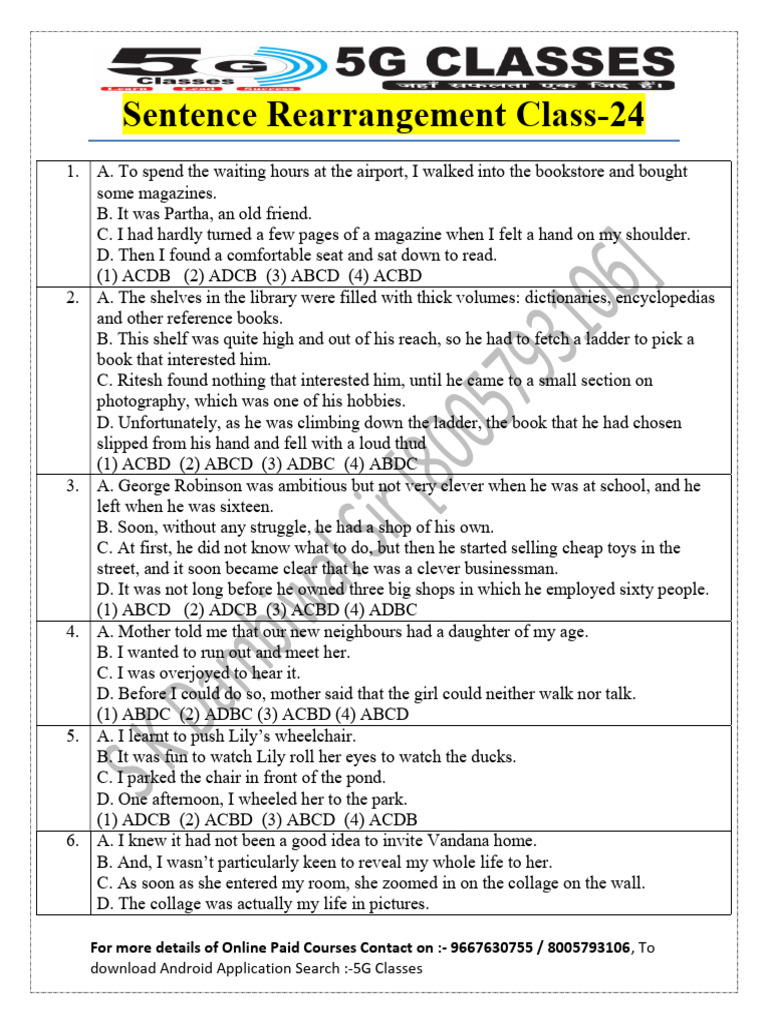 Sentence Rearrangement Class-24 Upload 46323350 2024 11-12-17 02 | PDF ...