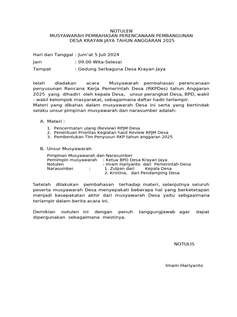 Notulen Musdes RKPDes 2025 Krayan Jaya | PDF