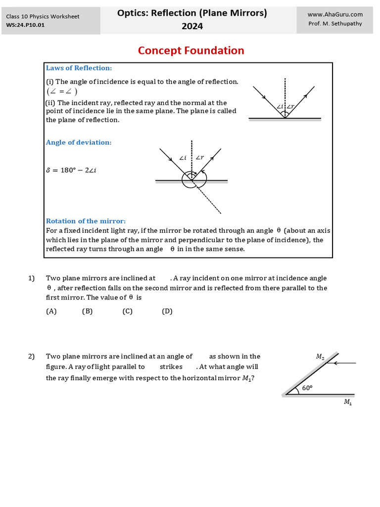 WS2 Optics 11apr25 | PDF | Reflection (Physics) | Angle