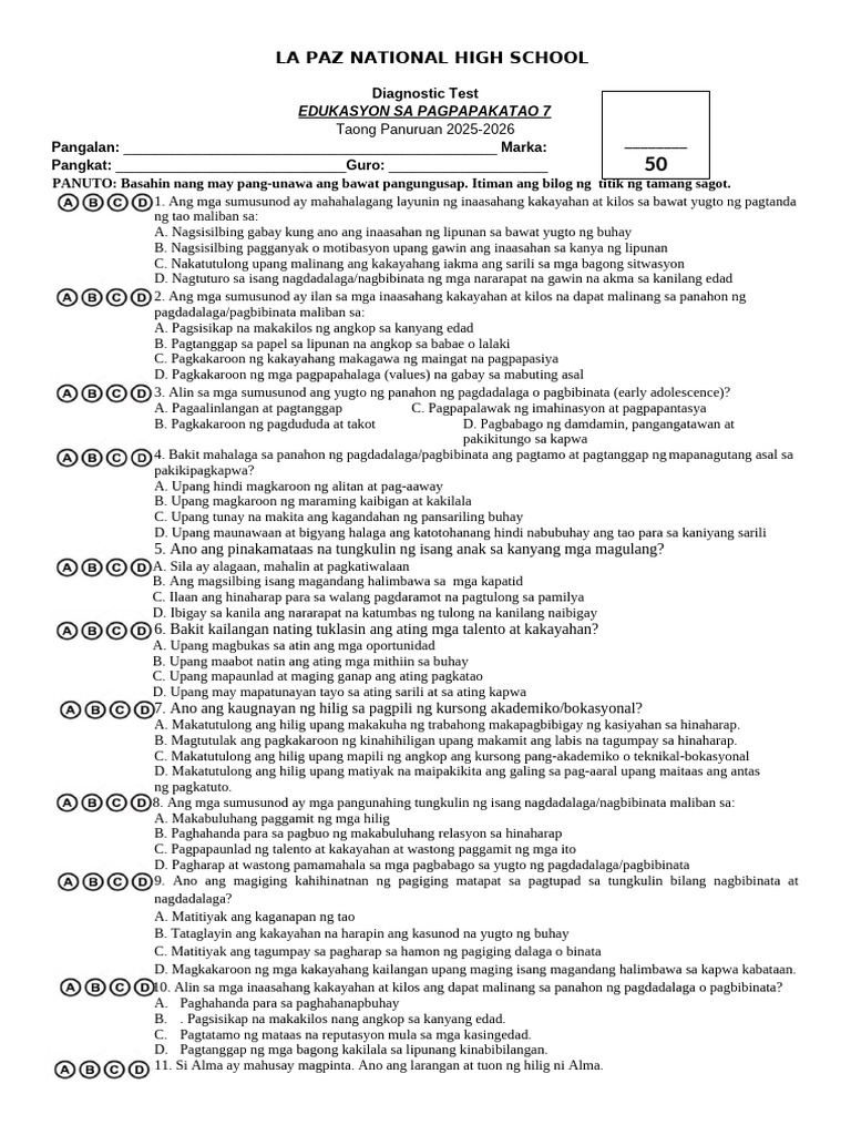 Esp 7 Diagnostic Test 1 | PDF