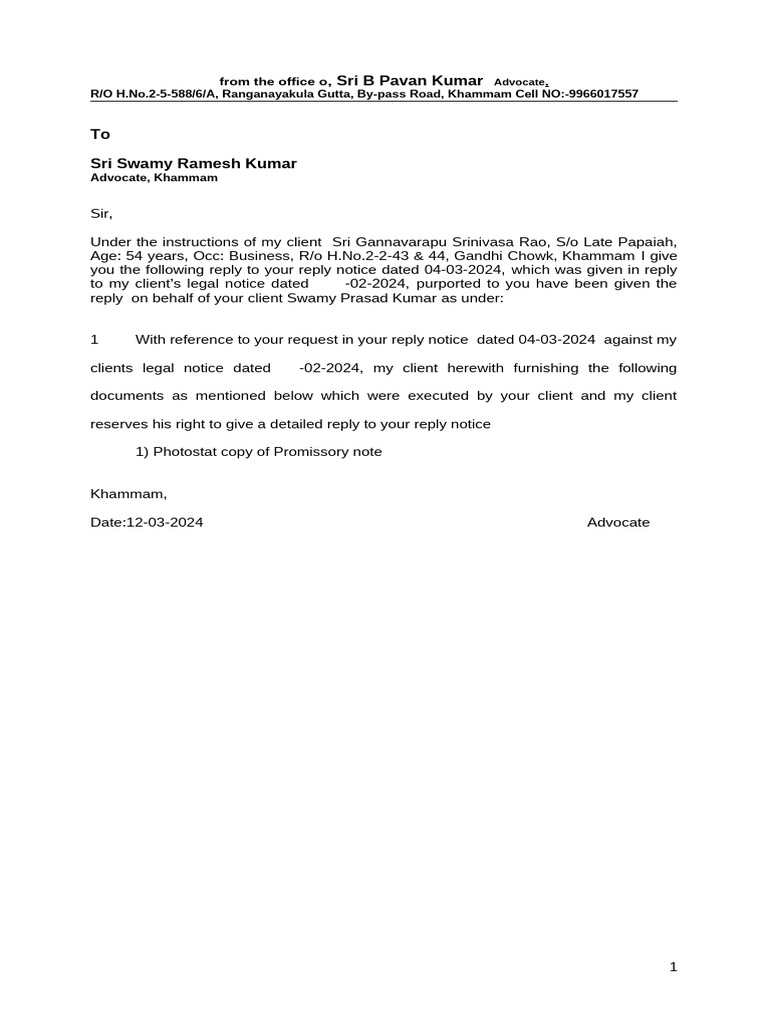 Legal Reply Notice from Advocate Khammam | PDF
