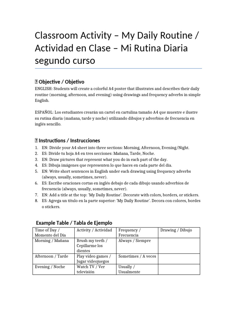 My Daily Routine Bilingual Activity | PDF