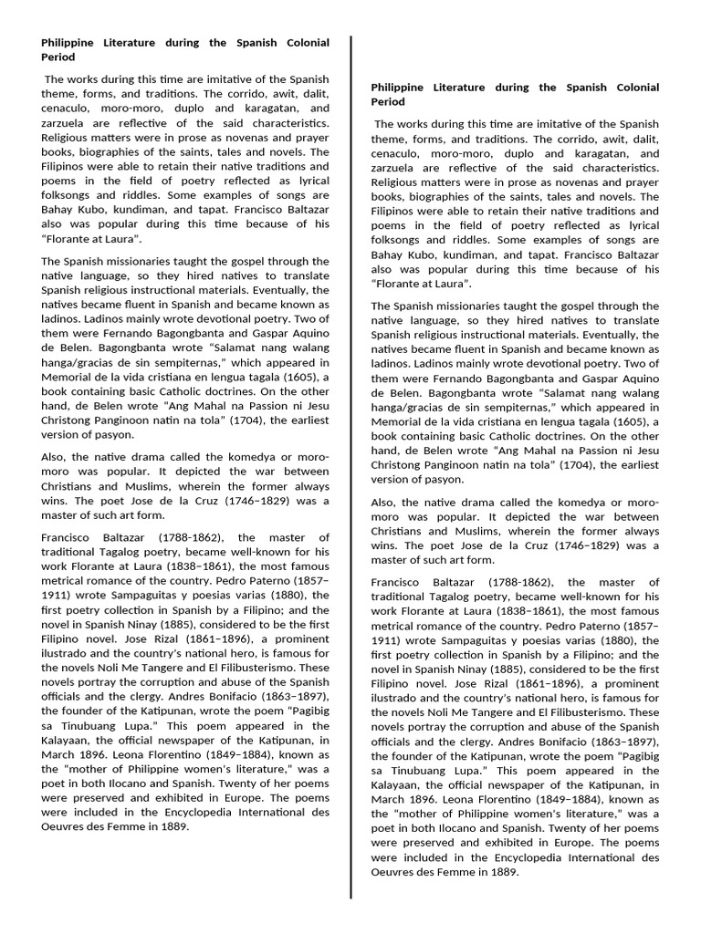 Philippine Literature During The Spanish Colonial Period Pdf