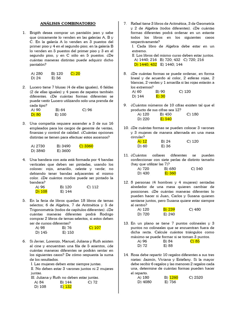 Ejercicios de Análisis Combinatorio | PDF | Combinatoria | Matemáticas