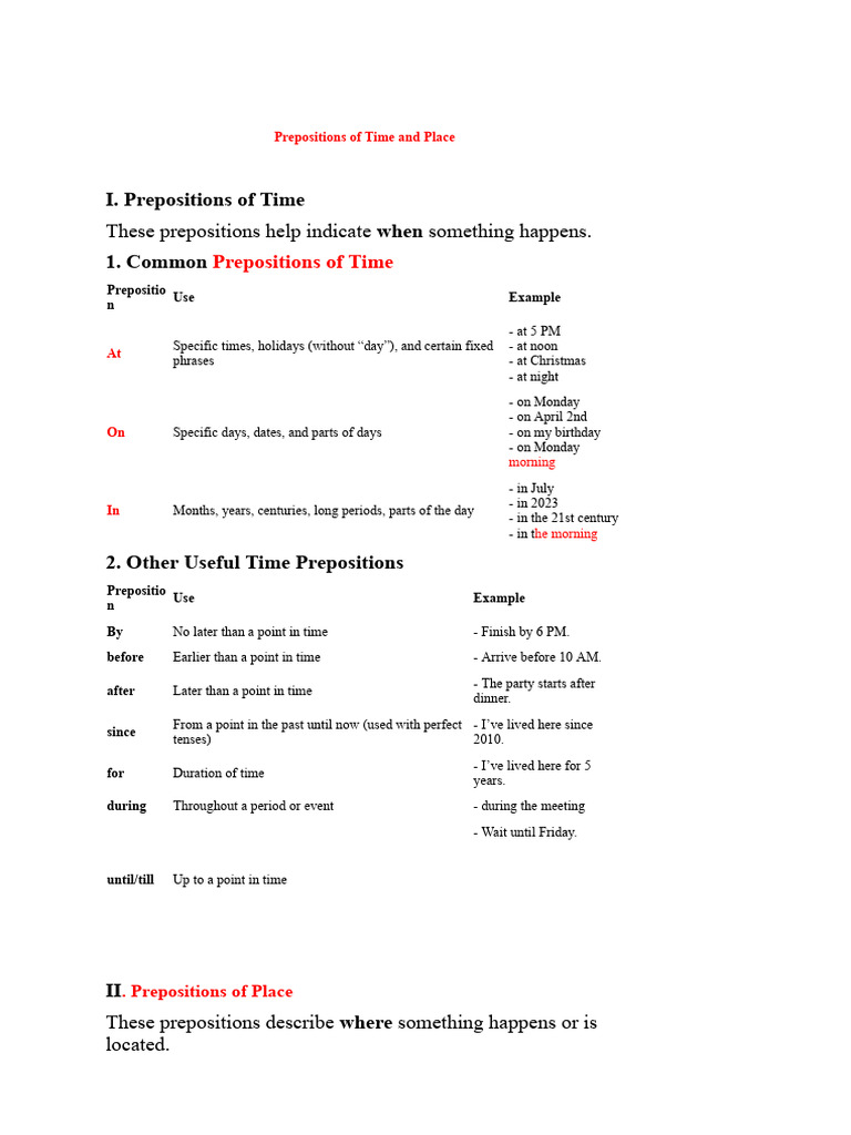 Prepositions of Time and Place | PDF | Linguistic Morphology | Syntax